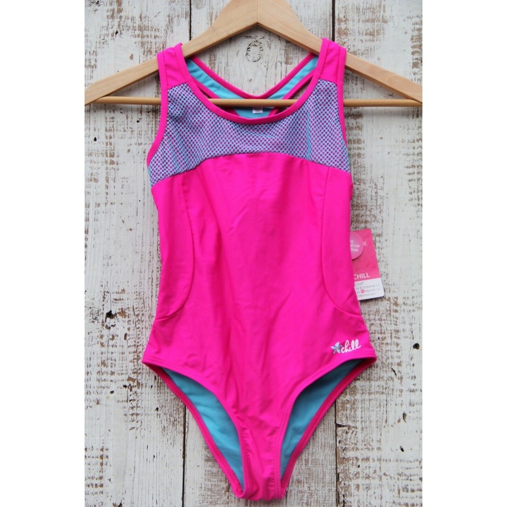 BIG CHILL Girls Size 10 One Piece Swim Swimsuit Bathing Suit Pink 50 UPF NEW